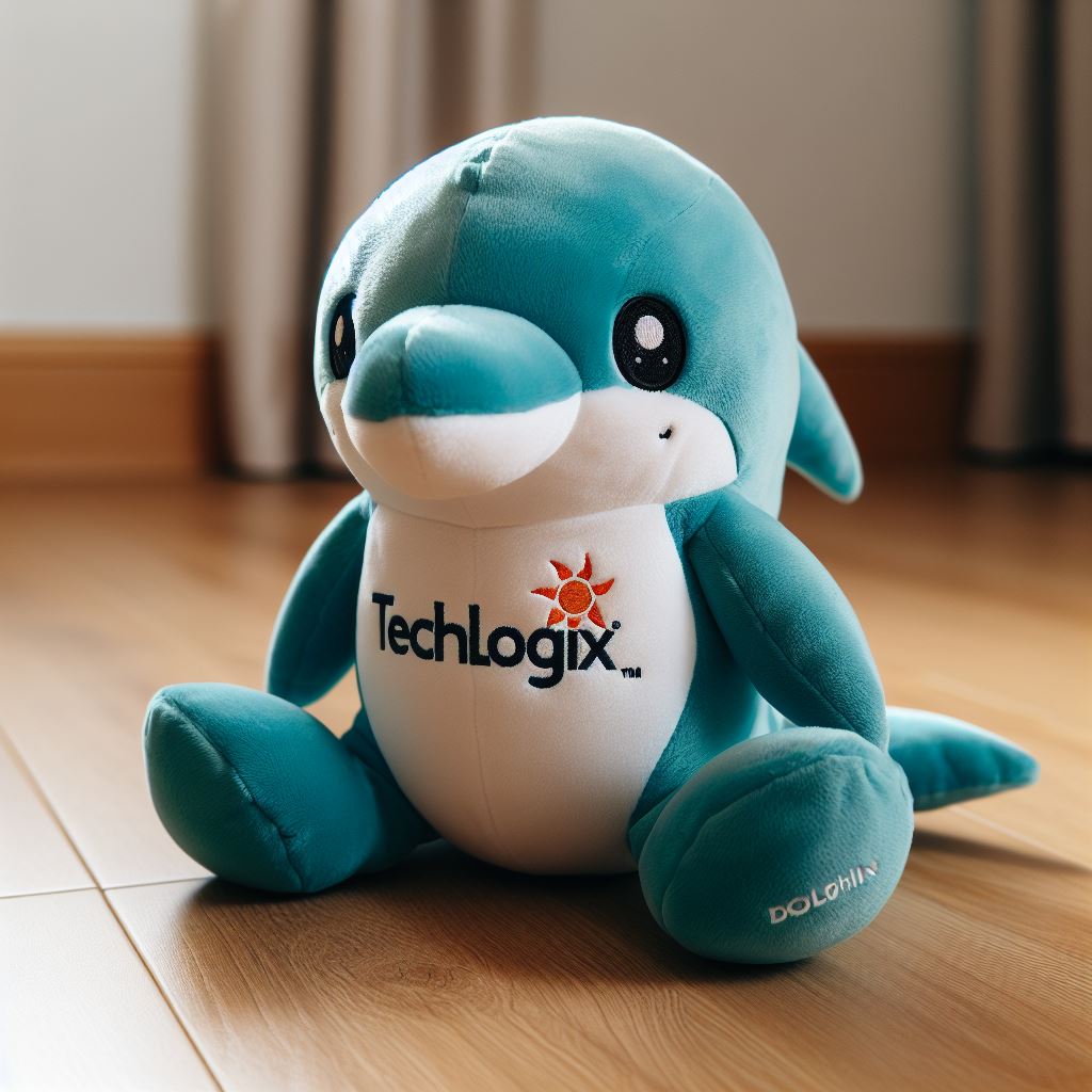 A promotional plush toy resembling a dolphin with the company's logo on a wooden floor.
