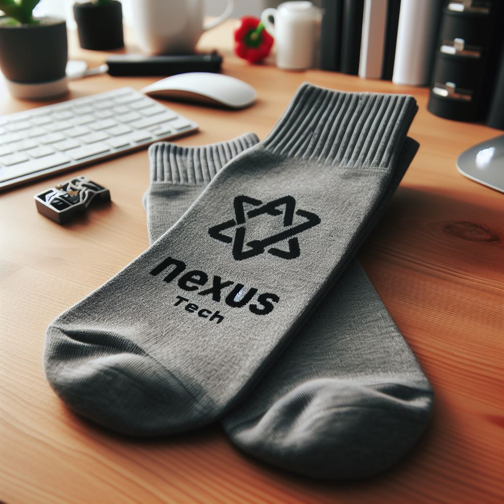 A gray custom logo sock on a table.