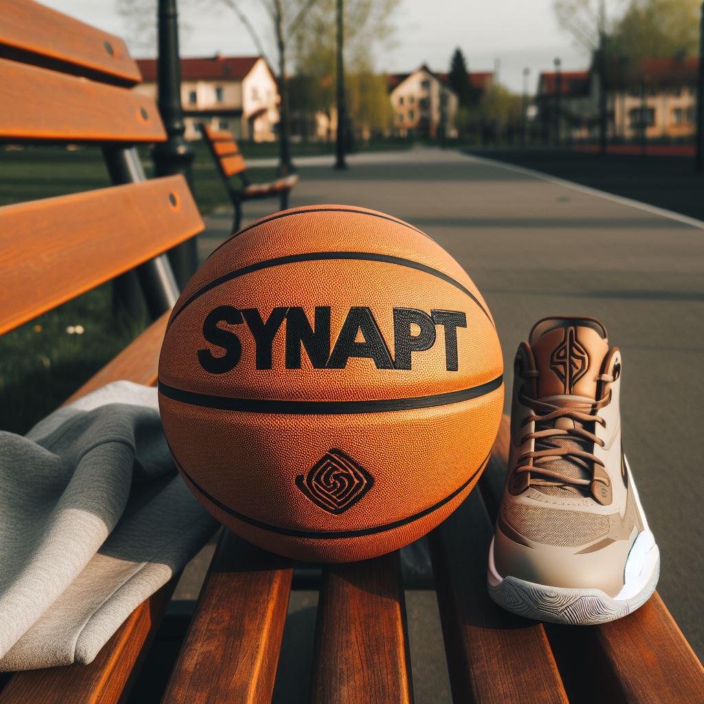 A custom logo basketball and a basketball shoe on a park bench.