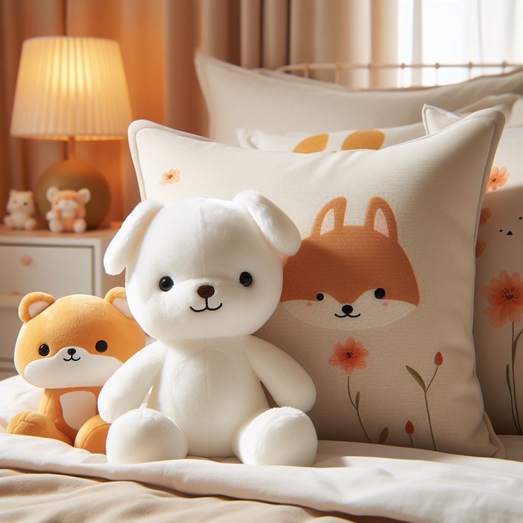 Custom plush toys and pillows on a bed.