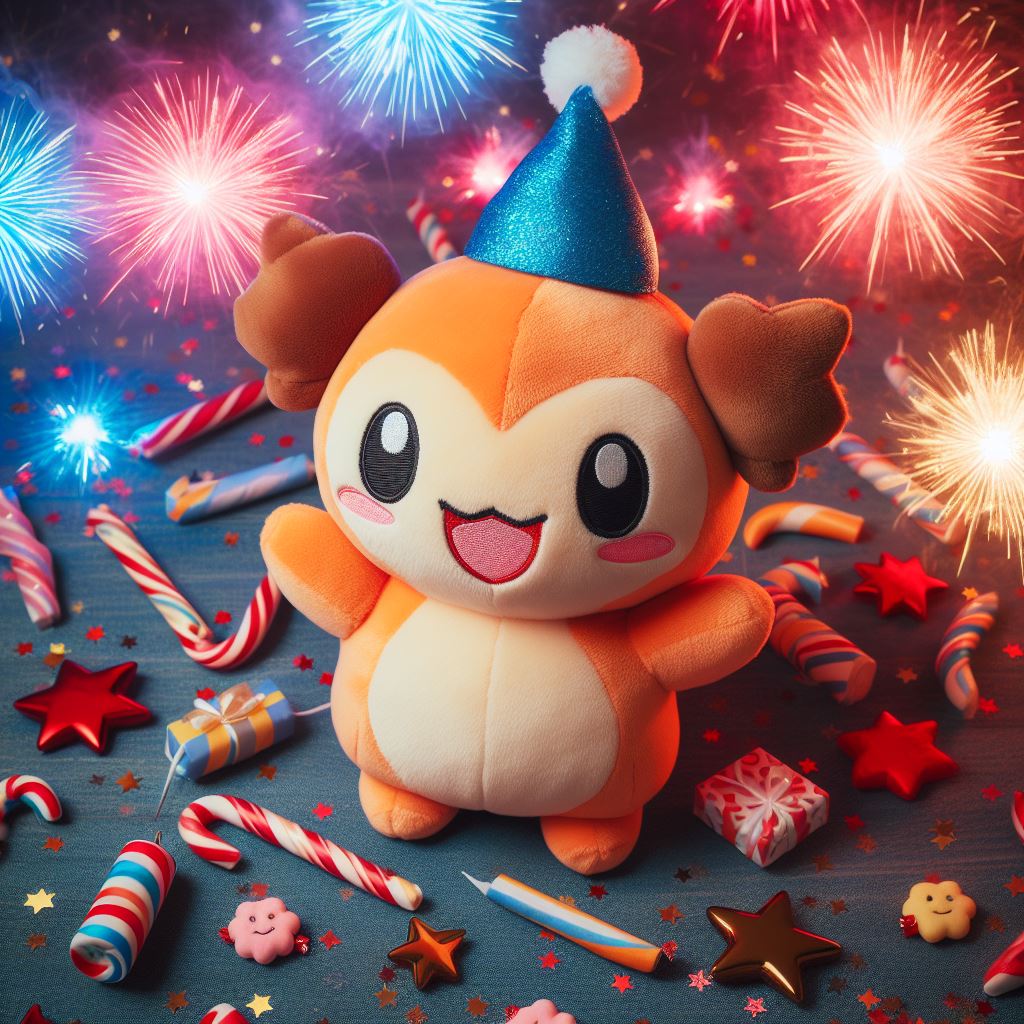 A custom stuffed toy kept on a table with New Year decoration.