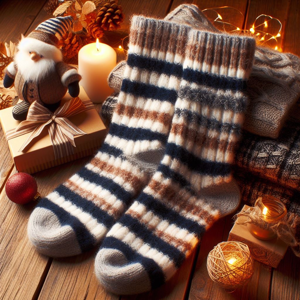 Custom fuzzy socks in black, brown, and white stripes.