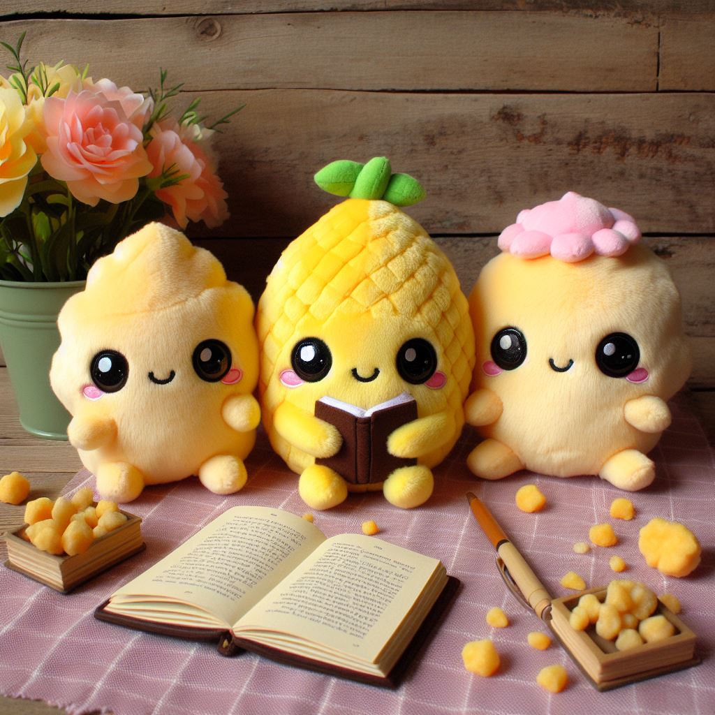 Custom plush toys based on the book's characters.