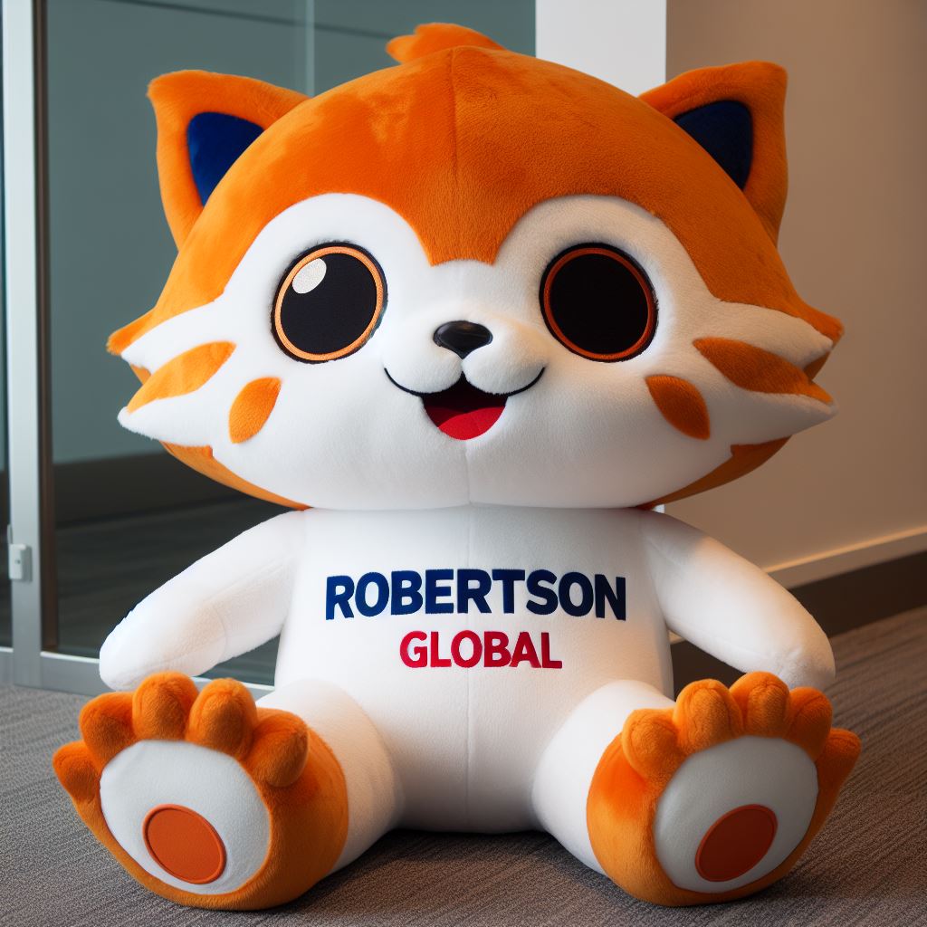 A cute custom stuffed animal resembling a cat with a logo sitting on a table.