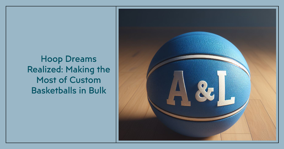 A blue custom basketball with the logo lying on the floor.