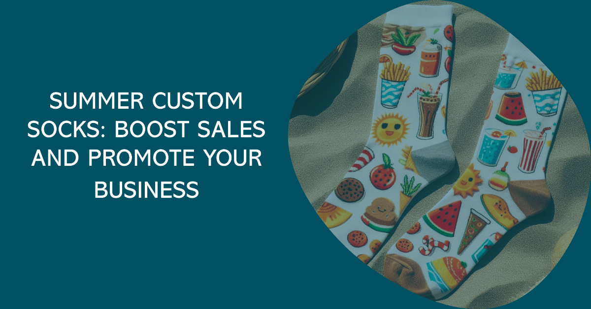 Summer-themed Custom socks with beach-inspired motifs to food and drink themes. They are lying on the sand.
