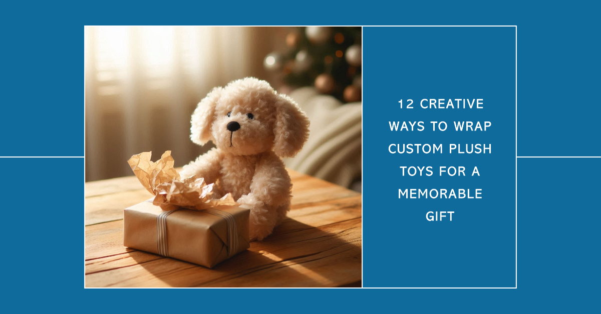 A custom plush toy with a gift wrapping on its side.