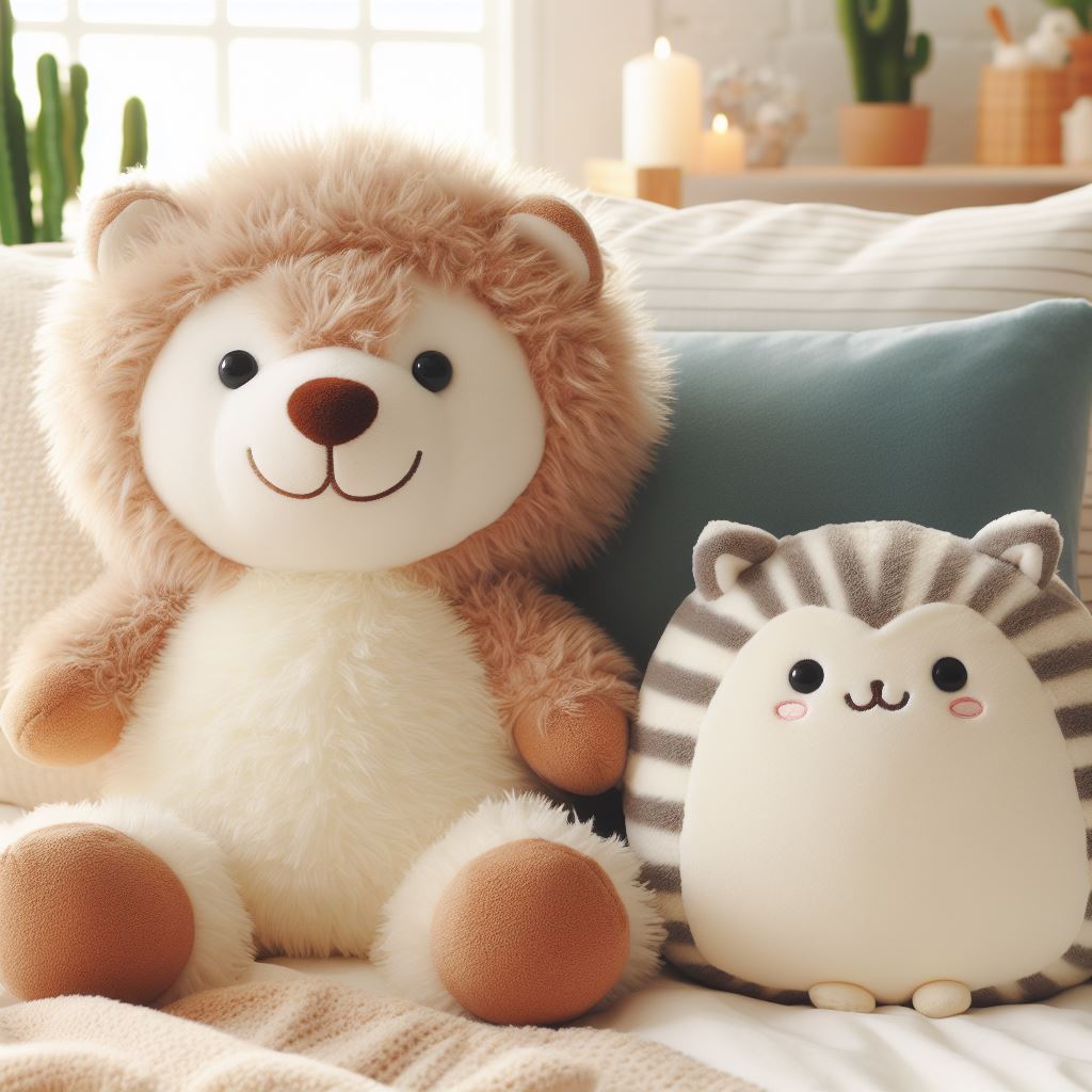 Custom plush toys: one is a stuffed animal, while the other is a squish plushie. 