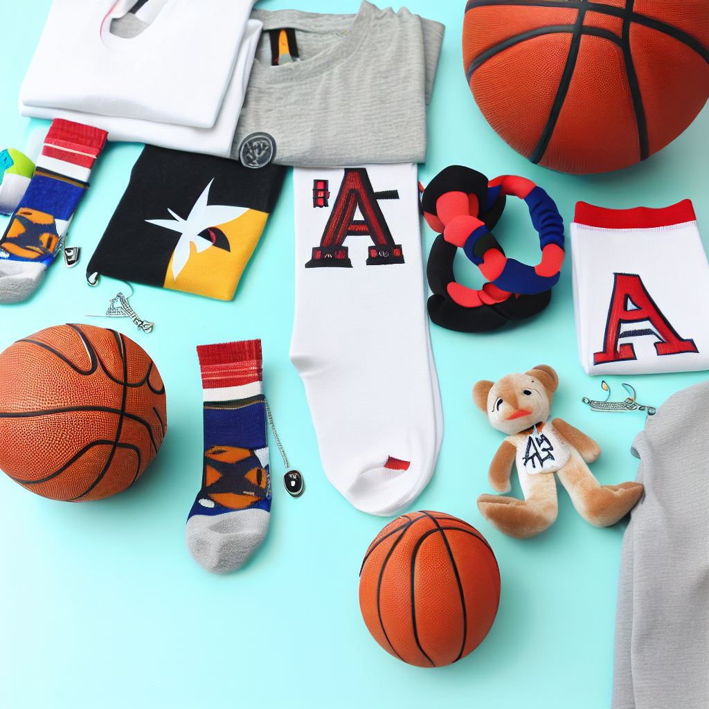 Various custom items, like socks, basketballs, t-shirts, plush toy, etc.