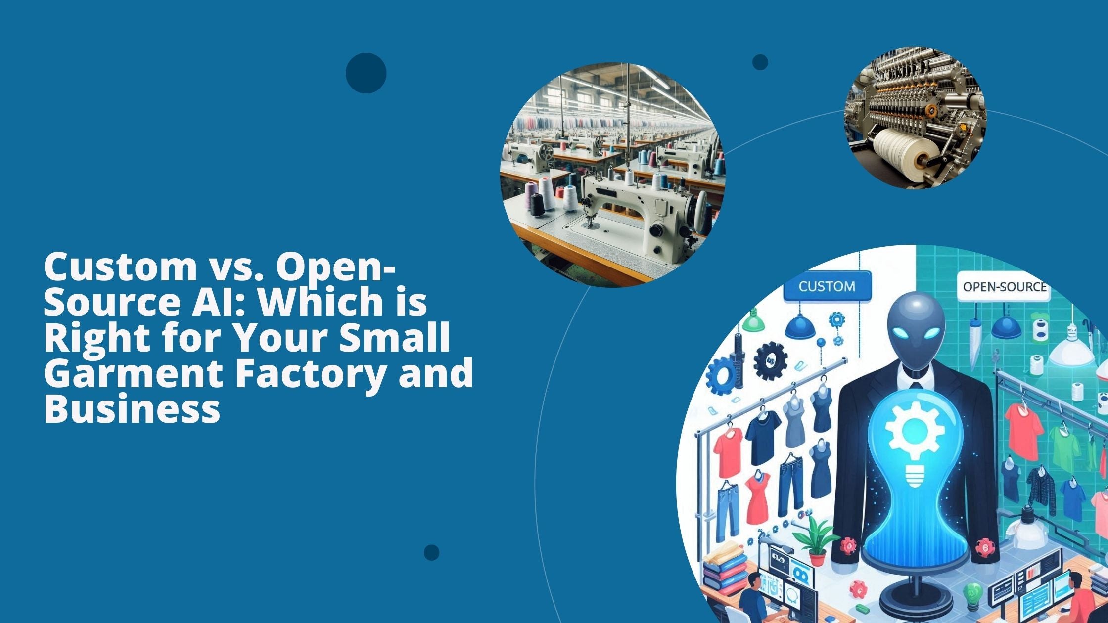 Three images: an illustration to show the open v custom AI for garment manufacturing and two textile machines. 