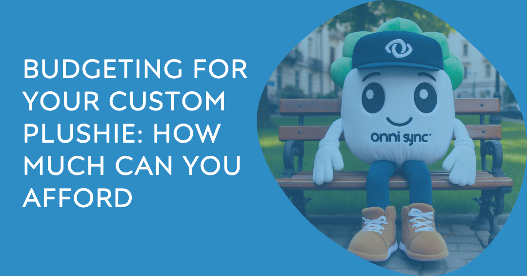A custom plush toy with the company's logo sitting on a park bench. 