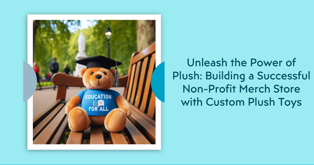A custom plush toy for an educational non-profit. It is sitting on a park bench. 