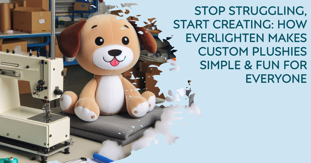 A custom plush toy dog sitting on a factory table.