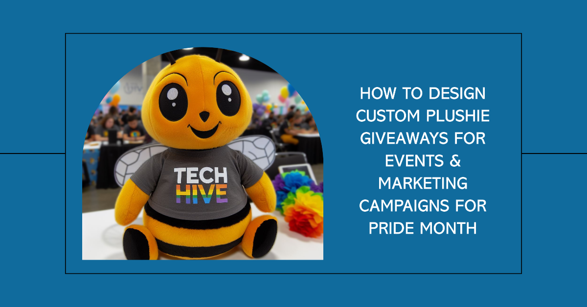 A custom plush toy mascot wearing a company t-shirt with Pride colors and the logo. 