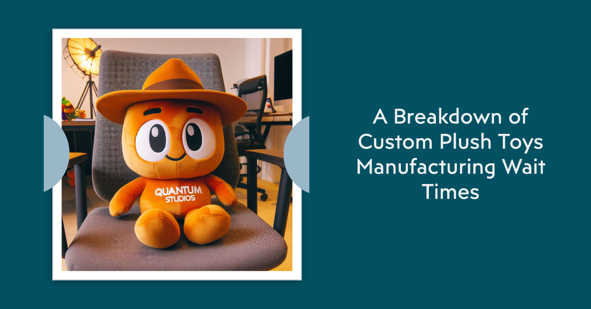 A custom plush toy with the logo of a company. It is sitting on a chair. It is manufactured by EverLighten.