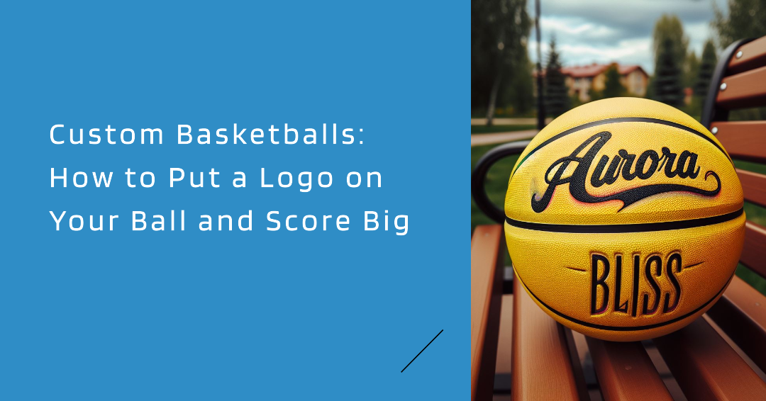 A yellow custom basketball with a company's logo on a park bench. 
