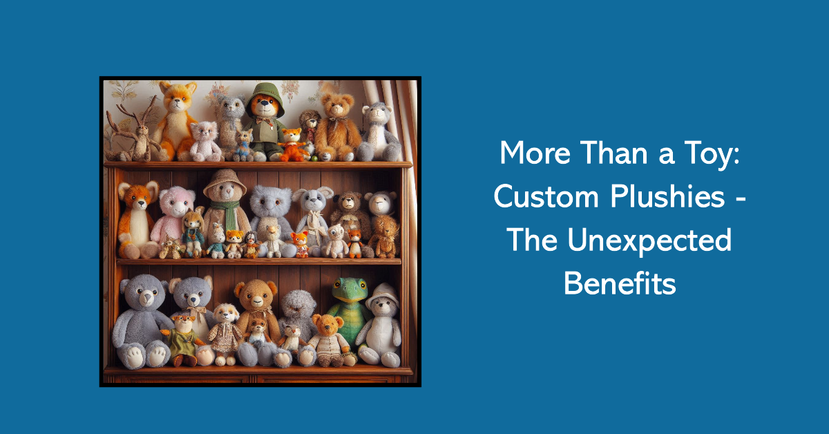 Various custom plush toys and stuffed animals are on a shelf. 