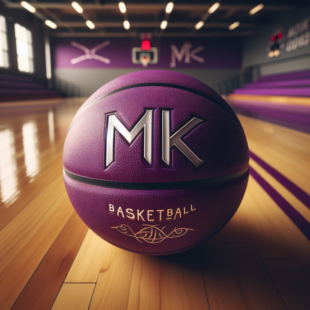 A purple custom basketball with the company's logo.