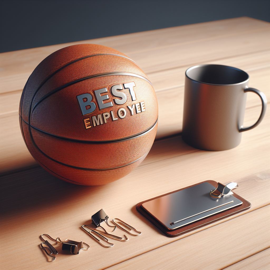 Personalized basketball gift with the text best employee kept on a desk. 