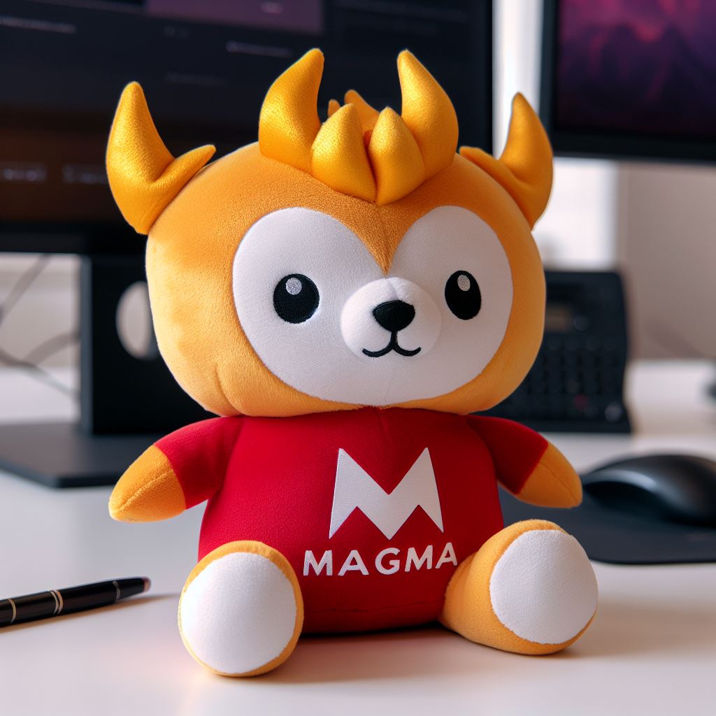 A custom plush toy in red with a company's logo. 
