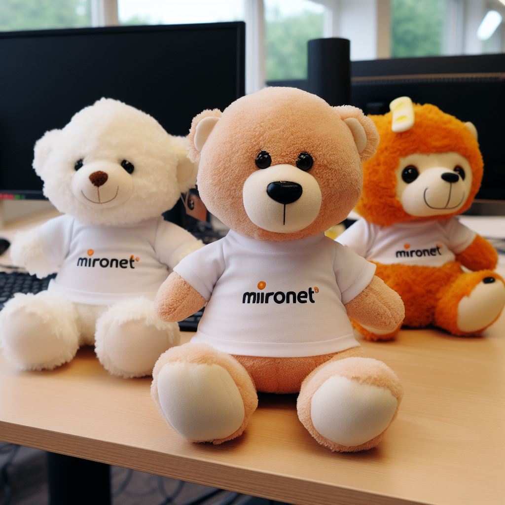 Custom logo plush toys kept on an office desk. 