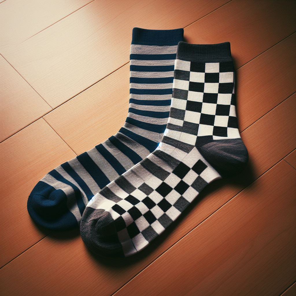 Reversible custom socks with stiped and chequered designs lying a wooden floor. 