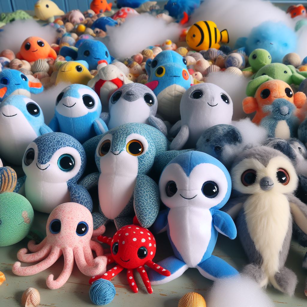 Various colorful custom plush toys. 