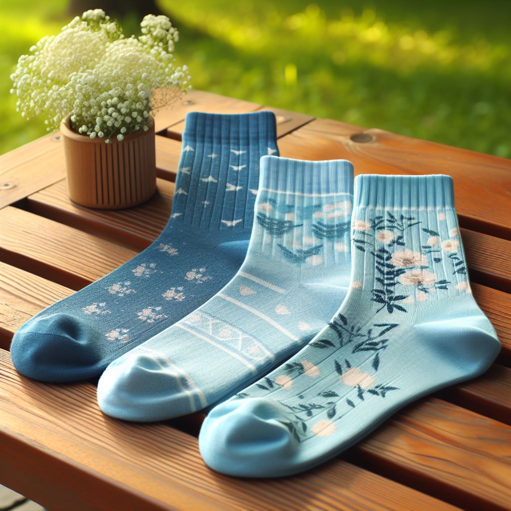 Three custom socks for summer in light blue kept on a bench. 