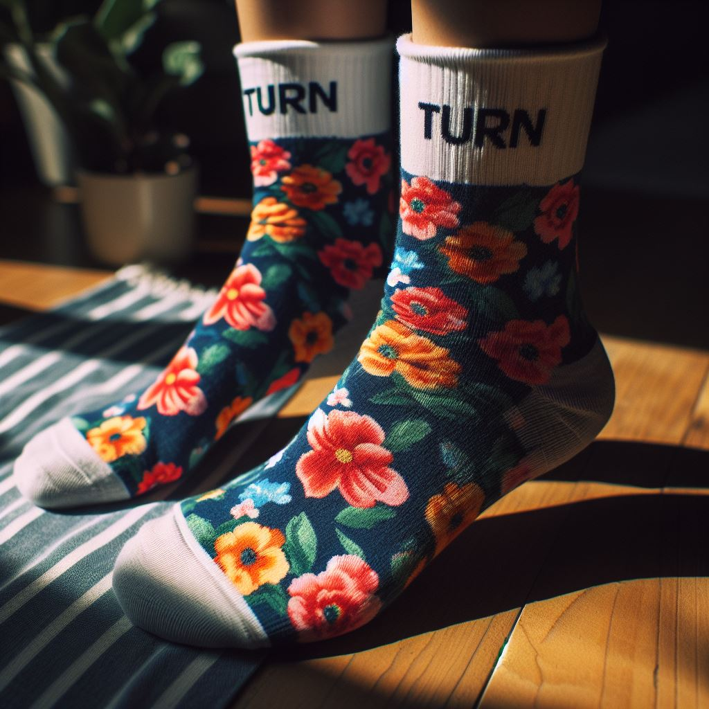 Custom socks for the spring with a floral print and a company's logo. 