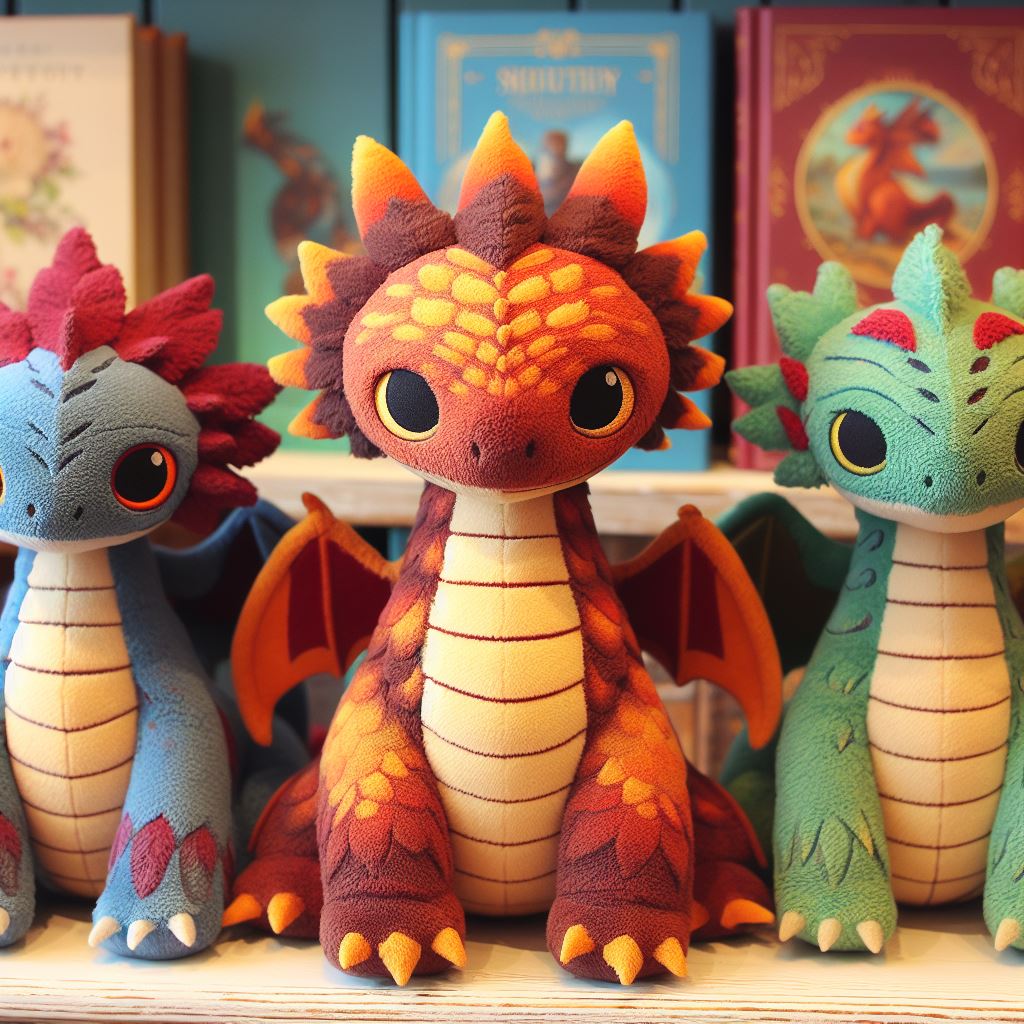 Three dragon custom plushies form a book. 