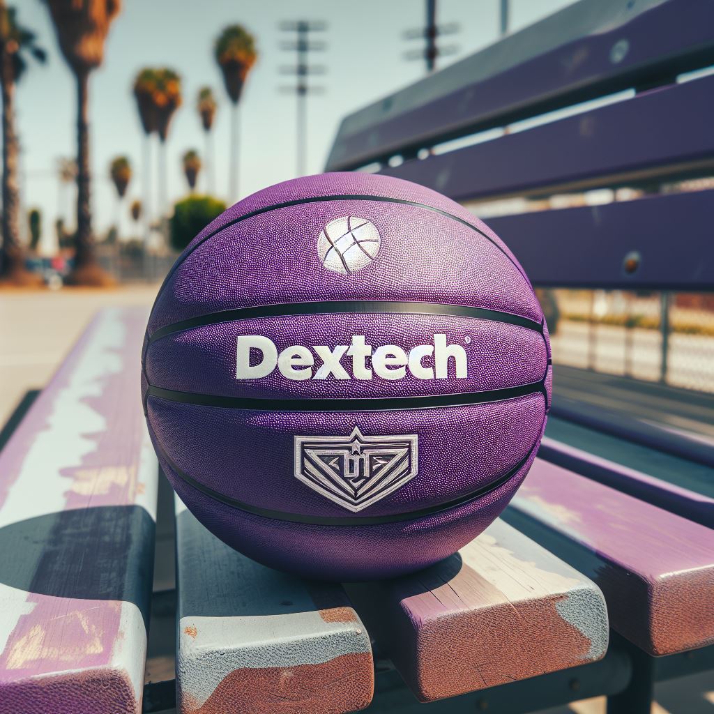 A purple custom basketball with the logo is kept on a park bench.