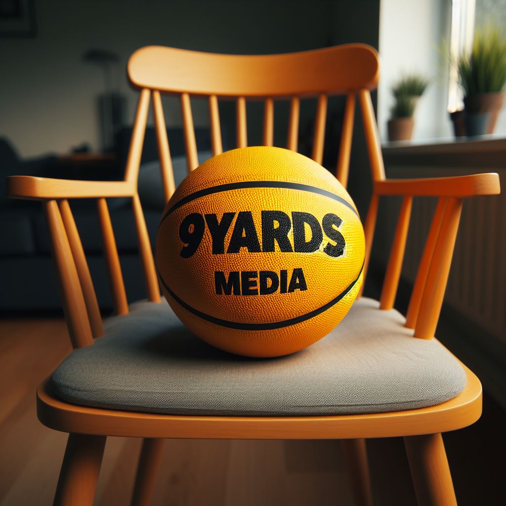 A custom basketball with a logo on a chair. 