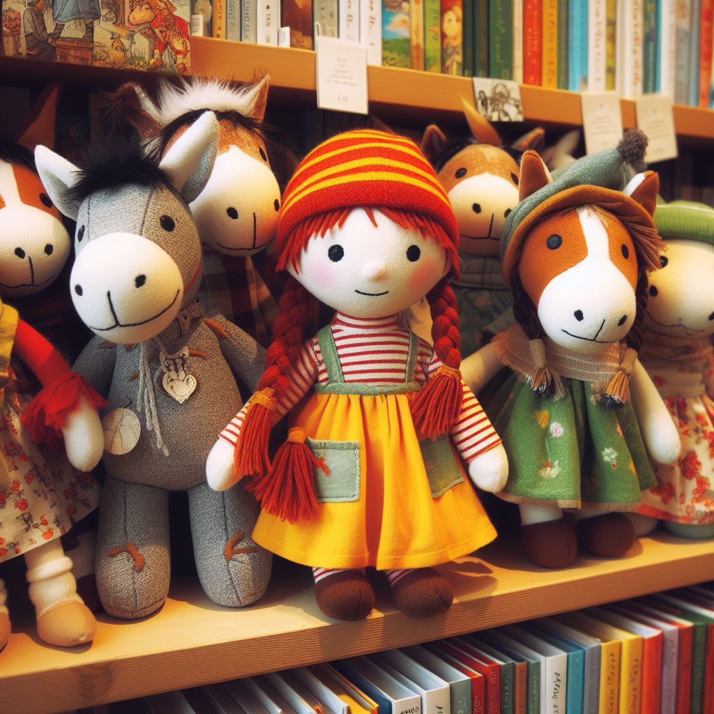 Custom plush toys based on characters from books made by EverLighten on a bookshelf. 