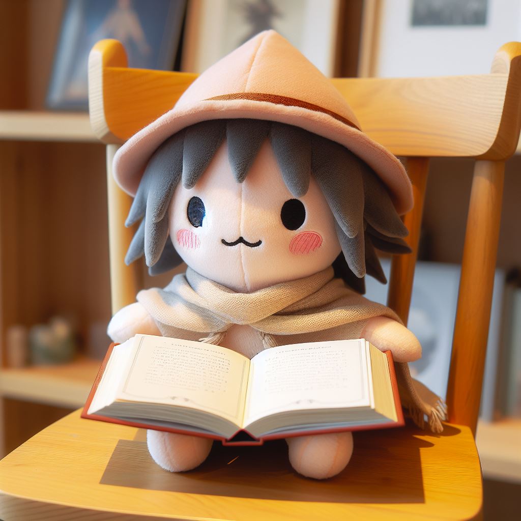 A custom plush toy from a book sitting on a small chair and reading a book. 