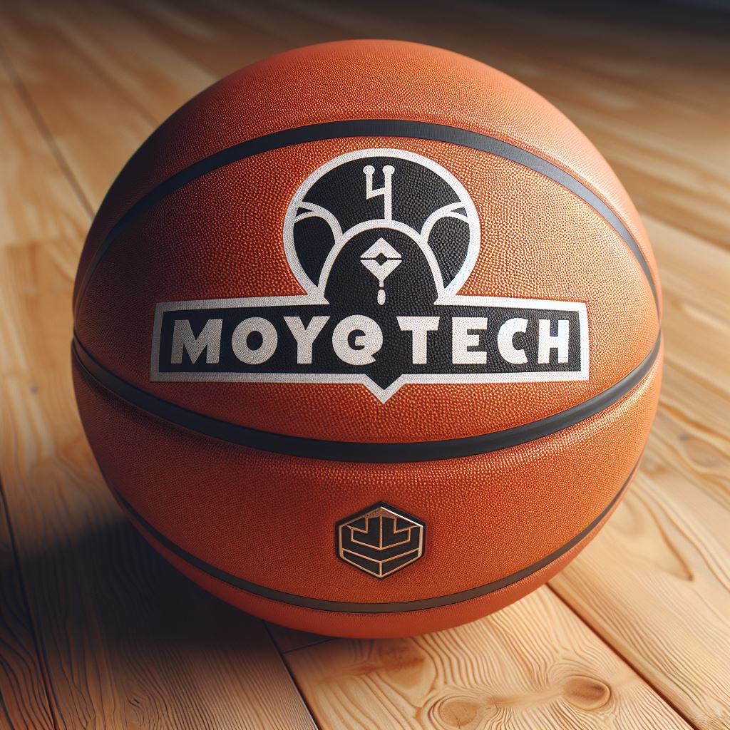 A custom basketball with a logo kept on a wooden floor. 