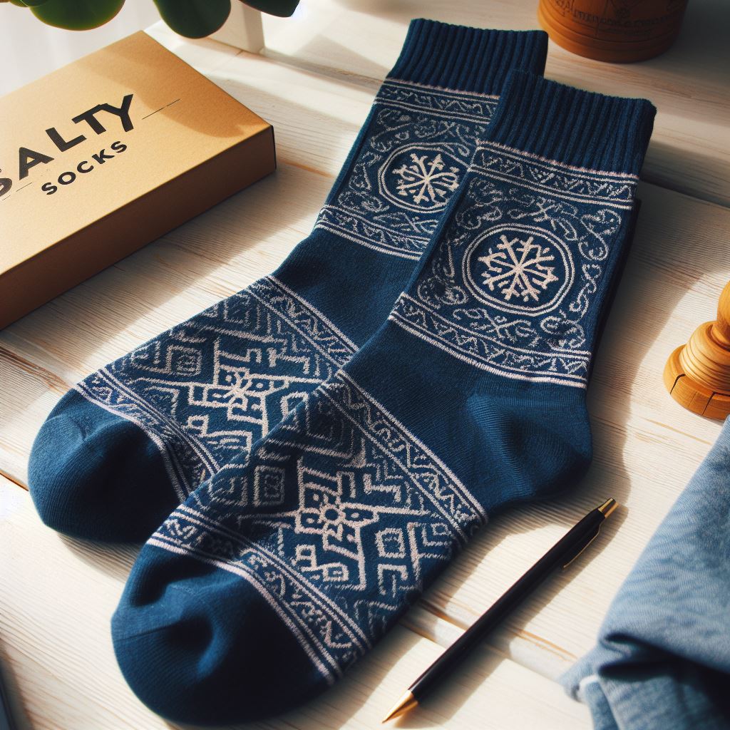 Custom logo socks in indigo color on a table.