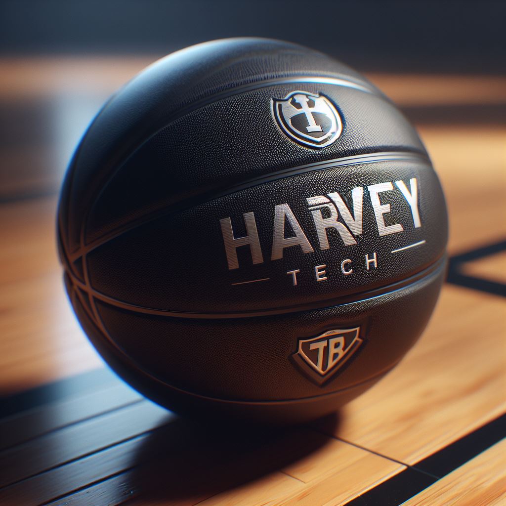 A black custom basketball with a logo on a basketball court floor. 