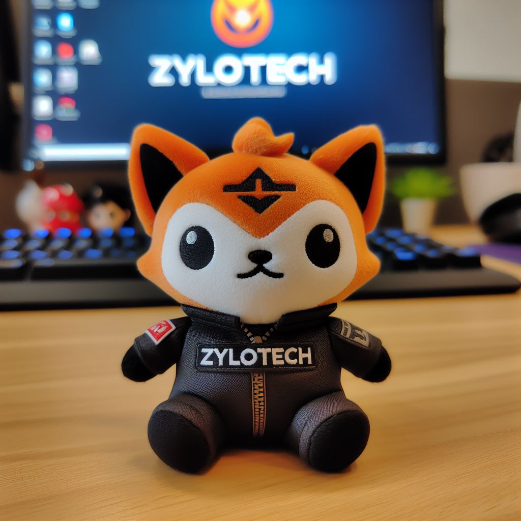 A small promotional plush toy kept on a desk. 