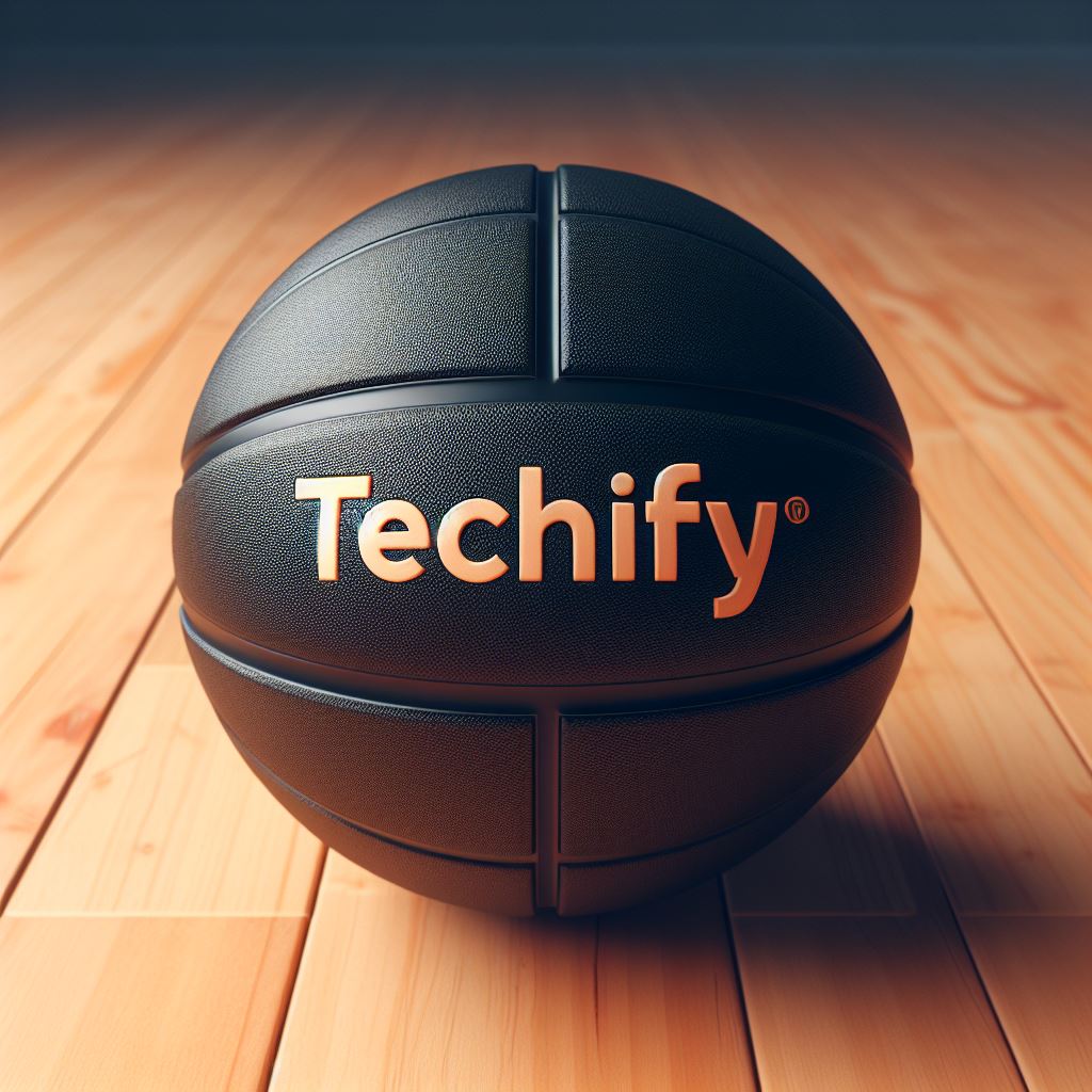 A black custom basketball with a logo on a wooden floor. 