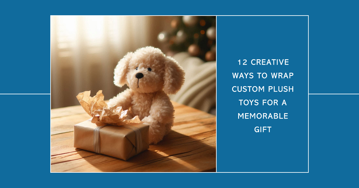 A custom plush toy with a gift wrapping on its side. 